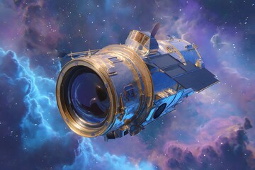 **A Powerful Visual Of A Telescope Satellite Hovering Near A Colorful Nebula, With Galactic Gas Clouds In The Background And A Distant Star Cluster Adding Depth. The Satellite Has A Reflective Golden 