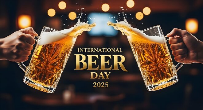Hands clinking beer mugs in celebration of International Beer Day 2025 with frothy golden liquid.