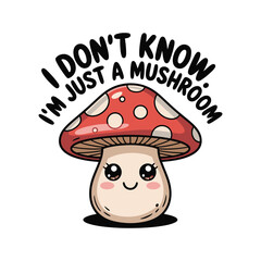 Adorable kawaii-style mushroom with big eyes and “I’m just a mushroom” funny text. Vector illustration design.