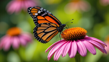 Fototapeta premium A vibrant tropical scene with a blue morpho butterfly on colorful hibiscus and plumeria flowers, lush green foliage in the background, bright sunlight, rich colors, perfect for summer or vacation them