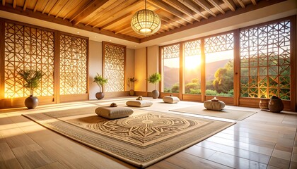 Sunrise yoga room, warm wood tones