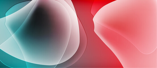 Abstract colorful shapes blend, creating soft gradients. Turquoise, white, red hues dominate composition. Minimalist design evokes fluidity.