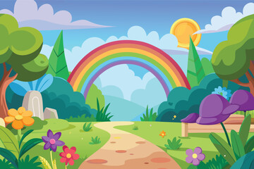 Magical rainbow path through enchanted forest landscape