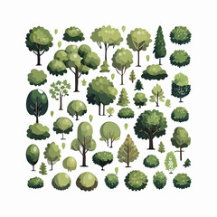 A Diverse Collection of Green Trees and Bushes in Various Shapes and Styles on a Clean White Background, Perfect for Nature-Themed Designs