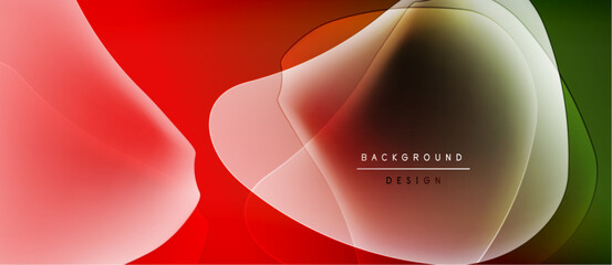 Abstract fluid shapes blend, creating vibrant color gradients. Red, orange, green hues dominate design. Minimalist text present.