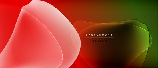 Abstract gradients blend, creating dynamic visual flow. Red, orange, green hues dominate composition. Minimal text present.