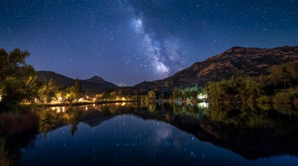 Night photo of a mountain lake under a sky full of stars and the Milky Way, reflections on water