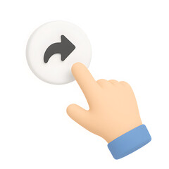 A 3D cartoon hand pressing a white share button, showcasing modern user interface interaction for online content and social media engagement.