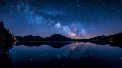 Night photo of a mountain lake under a sky full of stars and the Milky Way, reflections on water