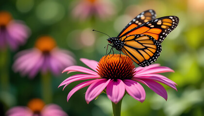 Fototapeta premium resting on a bright pink coneflower, with a softly blurred green garden background, natural sunlight, high detail, vivid colors, nature photograp