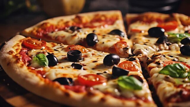 Fresh pizza with tomatoes, olives, and basil. AI.