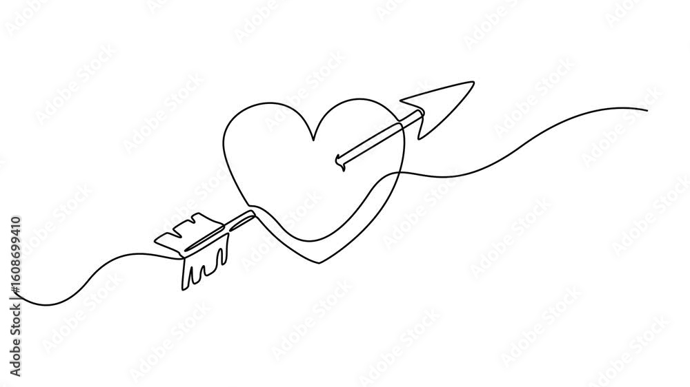 Poster heart shape with arrow continuous line drawing animated video, two halves of broken heart with arrow