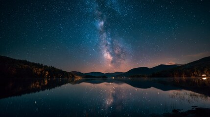 Night photo of a mountain lake under a sky full of stars and the Milky Way, reflections on water