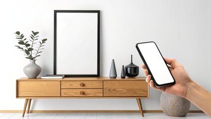 Refined Workspace with Black Square Frame, Wooden Console, and Ambient Light