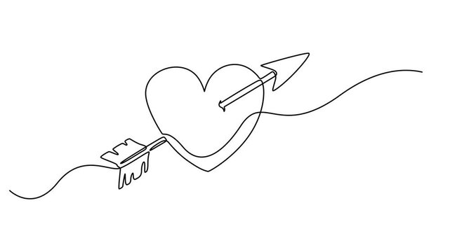 Heart shape with arrow continuous line drawing animated video, Two halves of broken heart with arrow in style of one continuous line black color. Self drawing. Motion graphics white background.