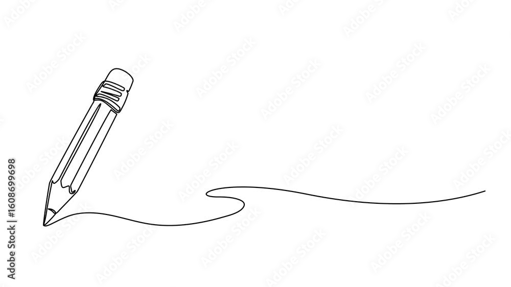 Poster animate pencil with continuous one single line drawing isolated on white background. line art animat