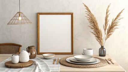 Tabletop Scene with Blank Square Frame, Neutral Textures, and Soft Focus Lighting