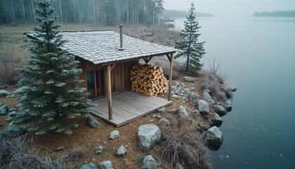 Cabin on Lake Shore with Firewood Pile
