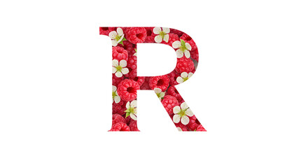 Fototapeta premium Letter R Made of Raspberries and Flowers on Red Background png, isolated on transparent background