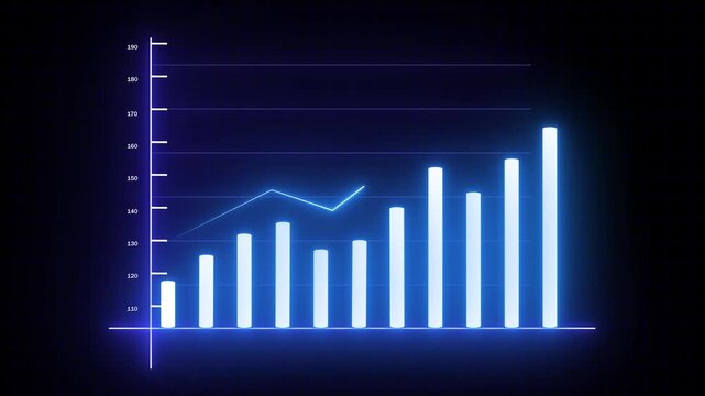Digital future neon blue bar graph chart innovation investment business finance. Business finance neon blue bar graph growth progress upward trend statistics financial market report.
