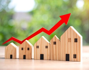 Wooden houses increasing in size, with a red arrow pointing upward, signifying growth or rising real estate values