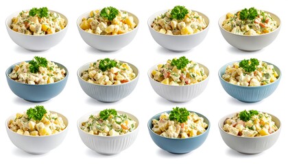 Twelve bowls of creamy potato salad, garnished with parsley, are arranged in a grid against a white background