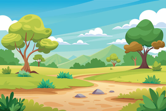 Vibrant cartoon landscape with winding path and lush trees