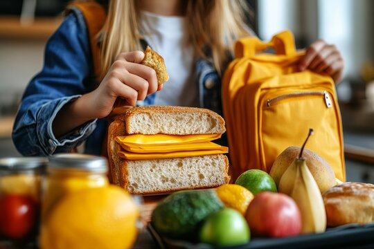 Mom preparing school snack for her son, packing healthy lunch options into his bag for a productive day at school, Generative AI
