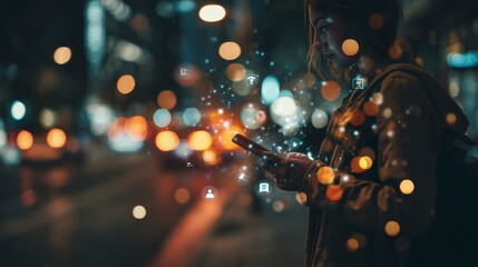 Street photo of a person using a smartphone at night with holographic data and social media icons floating around
