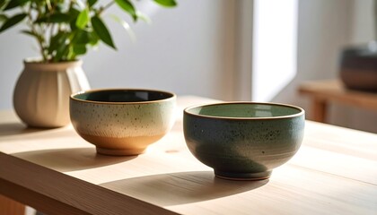 Two ceramic bowls, subtly textured, rest on a light wood surface.  Sunlight illuminates them