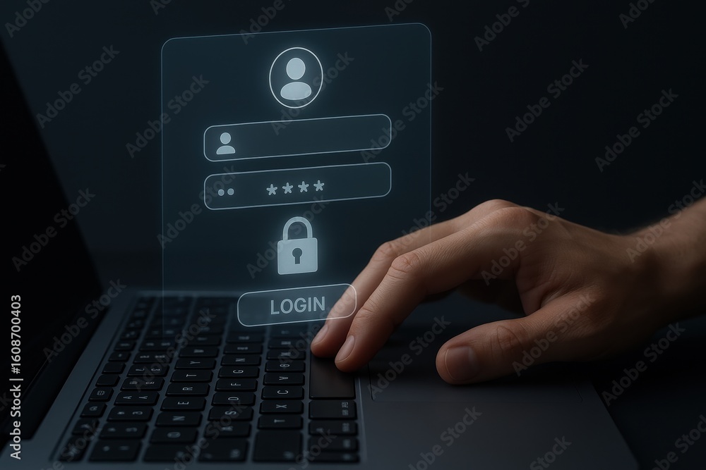 Poster digital security login: a close-up of a hand interacting with a futuristic login interface on a lapt
