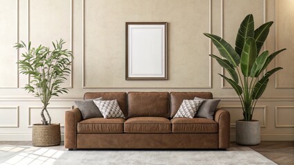 Modern Living Space with Vertical Frame Above Beige Sofa and Large Indoor Plant