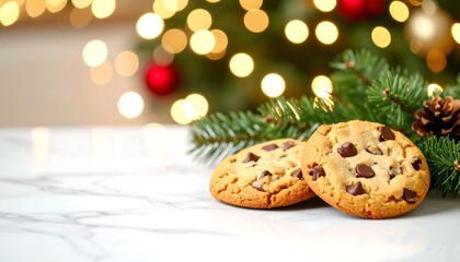 Two chocolate chip cookies rest on a marble surface with blurred Christmas lights and tree branches in the background