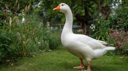 Fototapeta premium Elegant White Goose Standing Gracefully in a Lush Garden