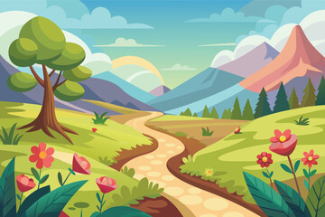 Obraz premium Whimsical mountain landscape with winding path and blooming flowers