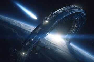 **A Vibrant, Cinematic Image Showing A Comet Skimming Past A Large Rotating Space Station. The Station Is Shaped Like A Ring With A Central Docking Column And Visible Antenna Arrays. Its Surface Refle