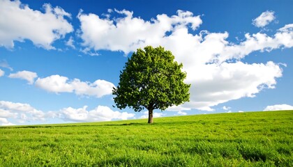 Single tree on a verdant hill under a bright blue sky dotted with puffy white clouds