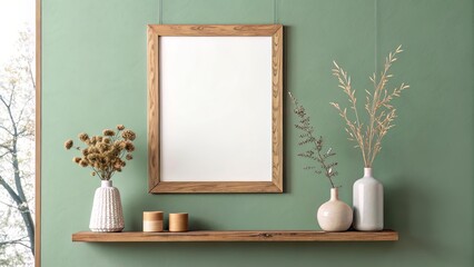 Scandinavian Room with Frame on Sage Wall and Dried Florals on Floating Ledge