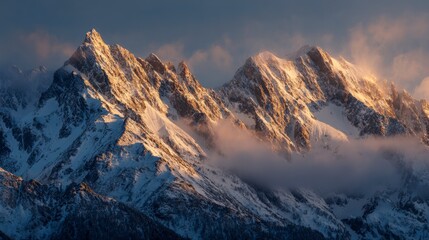 Sunlit snow-capped mountain peaks emerging above low clouds, golden sunrise light