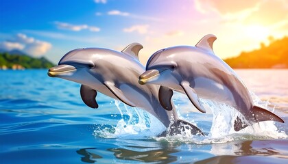 Fototapeta premium Dolphins leaping in ocean (1)