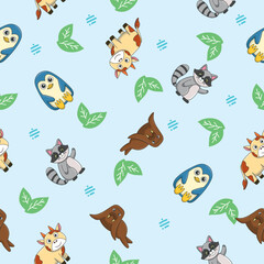 Obraz premium Cute wild animals seamless pattern for baby shower decor, nursery print, kindergarteen wallpaper, fabric, and textile. Vector illustration