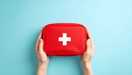 Two hands hold a red first-aid kit against a light blue background