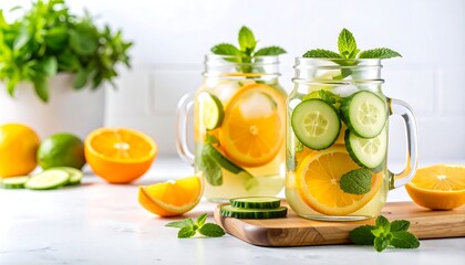Two mason jars filled with infused water, featuring cucumber, orange, and mint, sit on a wooden board
