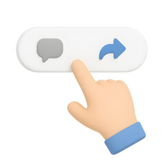 A 3D cartoon hand pressing a button for digital interaction. User interface with comment and share icons for social media engagement.