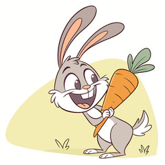 Cute cartoon rabbit holding a carrot in a happy spring illustration