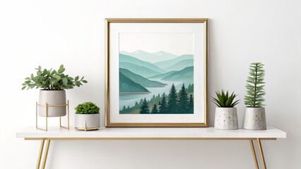 Landscape Frame on White Shelf with Gold Details and Potted Plants in Minimal Style