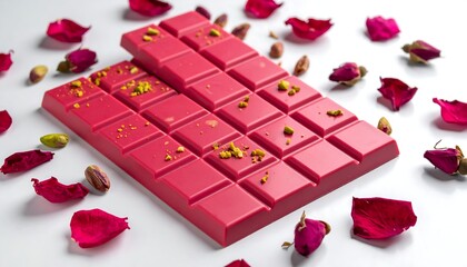 Two pink chocolate bars with pistachio, surrounded by rose petals on a white background