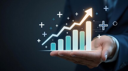 Hand holding a rising bar graph with an upward arrow and plus signs on a dark background design