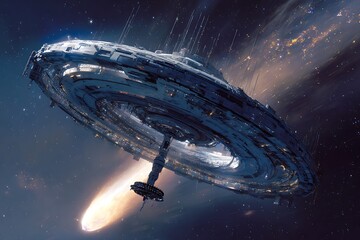 **A Vibrant, Cinematic Image Showing A Comet Skimming Past A Large Rotating Space Station. The Station Is Shaped Like A Ring With A Central Docking Column And Visible Antenna Arrays. Its Surface Refle
