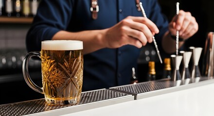 Bartender preparing a refreshing beer in a decorative glass at a modern bar counter.